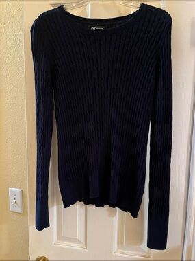 Jones New York Navy Cable-Knit Crewneck Sweater-100% Cotton